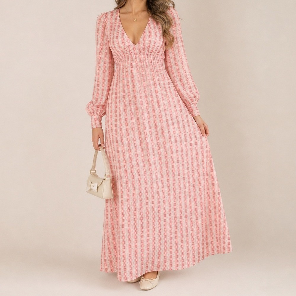 Madderson London Silk Maxi Dress S Pink‎ Chain Print Pearl Cuff Boho Chic